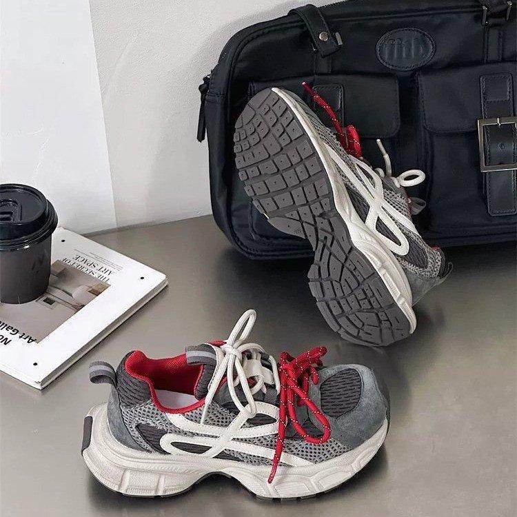 European Thick-soled Mesh Leather Dad Shoes Women's 2025 Autumn New Lace-up Heightening, Lightweight and Comfortable Sports and Leisure Shoes