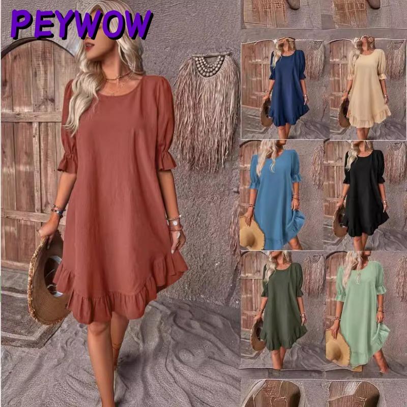 PEYWOW Women's Fashion O-Neck Short Sleeve Summer Spring Solid Color Print Casual Dresses