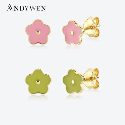 925 Sterling Silver Gold Flower Pink Green Stud Earring Piercing Pendiente Luxury Jewelry 2023  Fine Jewels