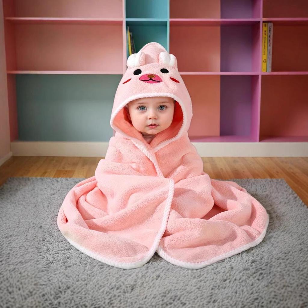 Cartoon Hooded Baby Swaddle & Bath Towel - Coral Fleece, Absorbent, Embroidered, Newborn To Toddler