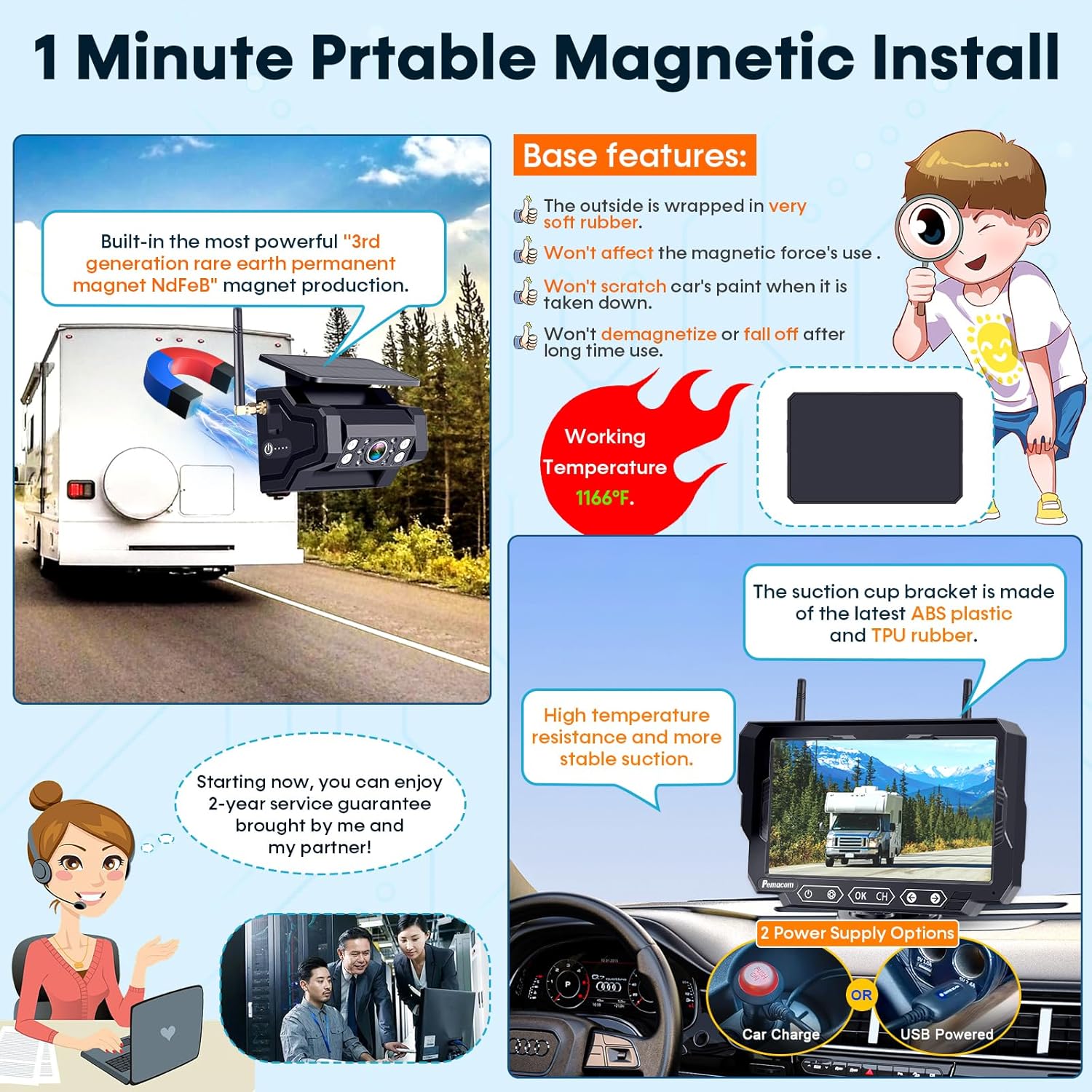 Magnetic Solar Wireless Backup Camera: 7  Portable 1 Min Easy Install Scratch-Proof No Delay Backup Camera for Truck Rechargeable HD 1080P for