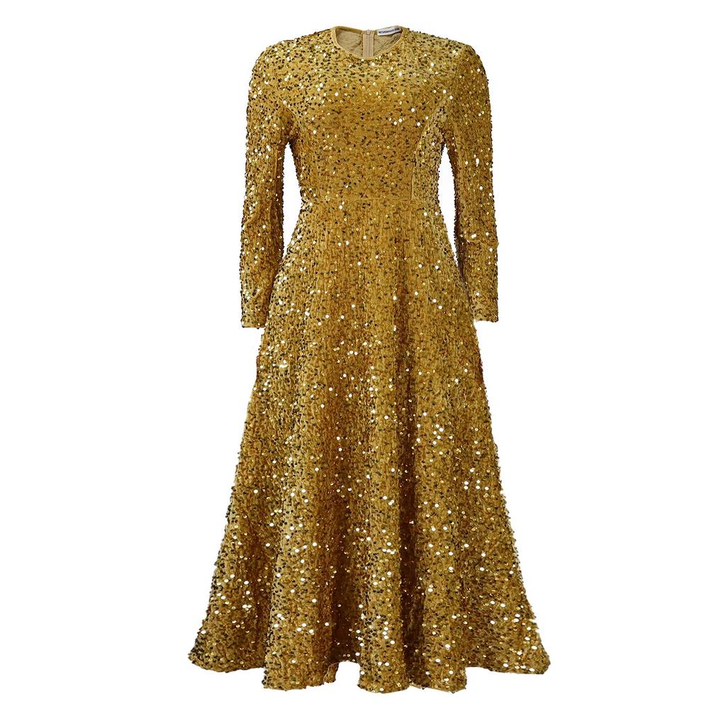 Women's Fashionable Round Neck Solid Color Long Sleeved Dress With Sequins High Waist Mid Length Dress