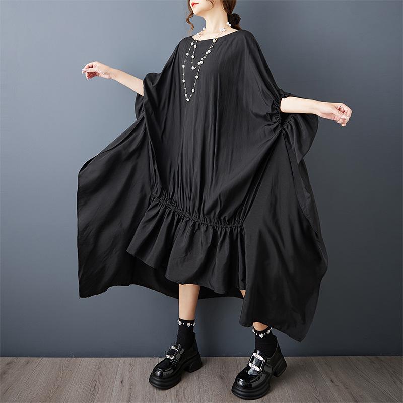 

Летнее свободное платье-рубашка со складками и рукавами летучая мышь Plus Size чёрный