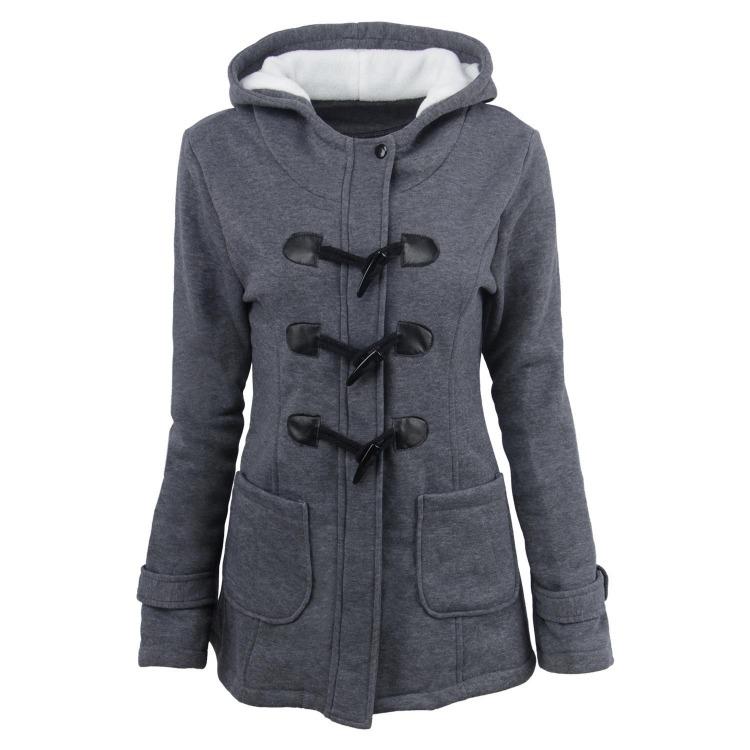 Winter Women Coat Hooded Thick Cotton Blend Jacket Cow Horn Button Autumn