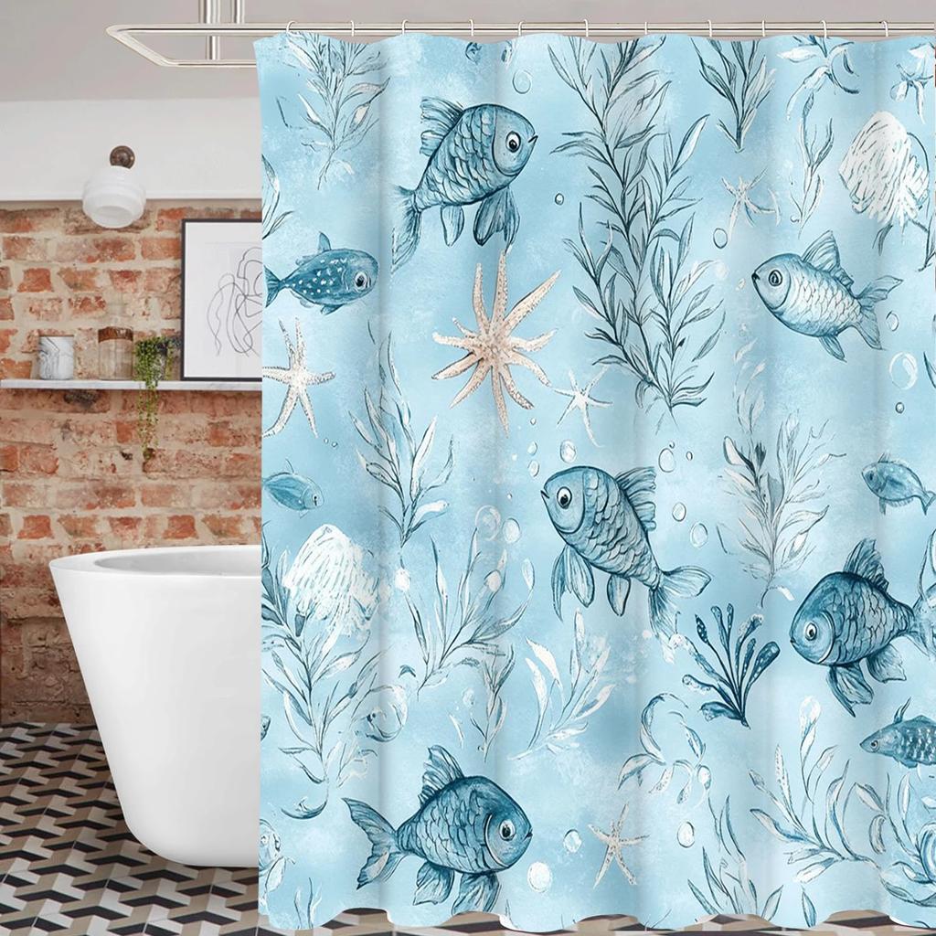 Lovely Fishes Pattern Bathing Curtain Bathroom Shower Curtain Waterproof With 12 Hooks Home Deco