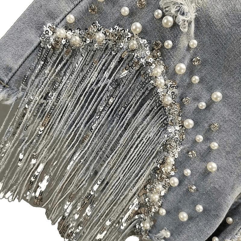 Summer Elegant Shorts Lady Tassel Beading High Waist Wide Leg Denim Shorts Female Casual Solid Shorts Jeans for Women Clothing