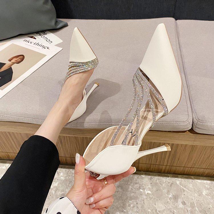 Women's Summer Fairy Fashion Stiletto High Heels New Pointed Toe PU Rhinestones Slip-On Trendy Heel Sandals for Women