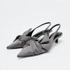 Fashion Elegant Gray Kitten Heel Slingback Strap Pumps Women Sexy Pointed Toe Satin Knot Heeled Sandals Fashion Office Designer Shoes