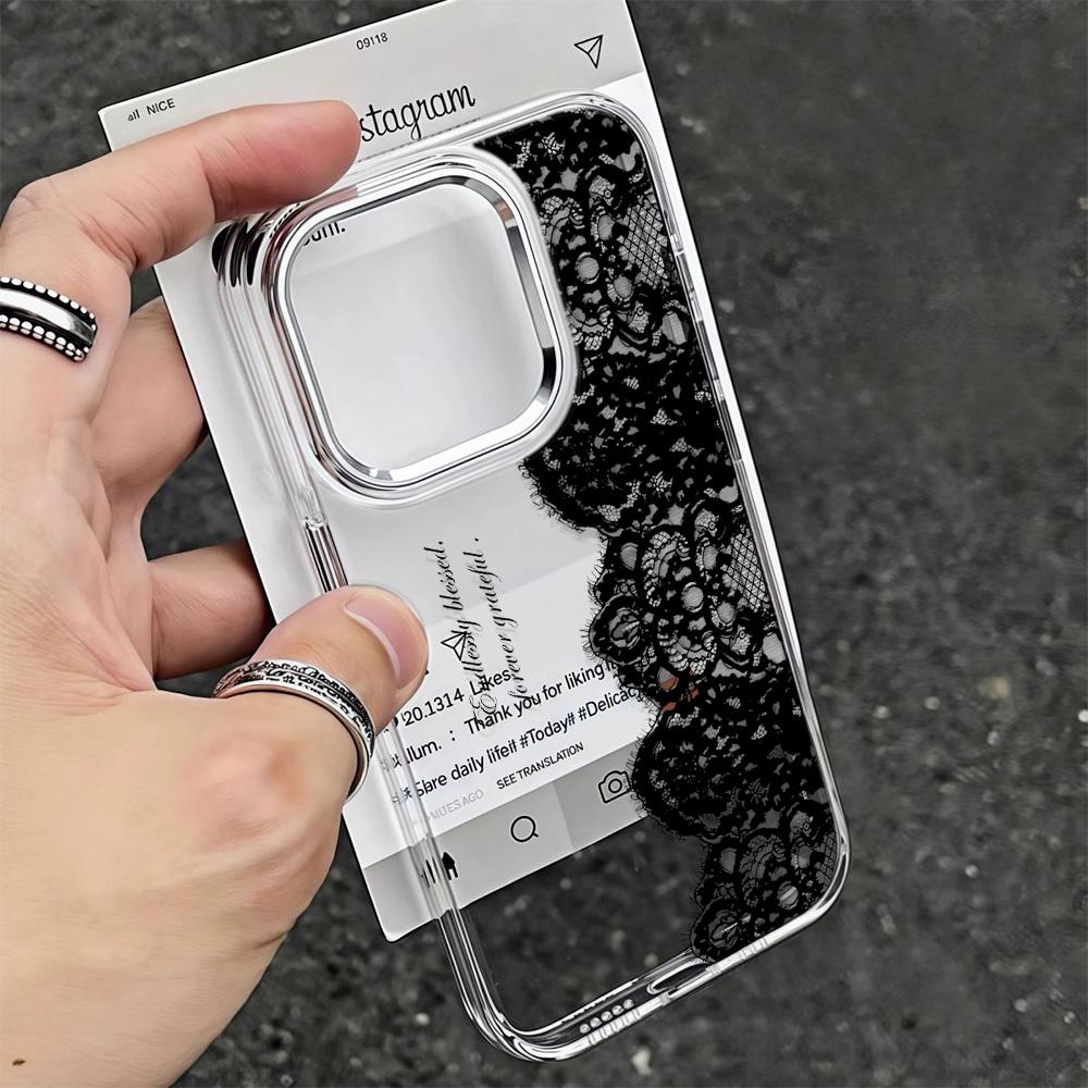 Lace Pattern Phone Case For Iphone 16 Pro Max 17 15 14 Plus 13 12 11 Air 17E 16E Cover Smooth Metal Photo Frame Funda Coque