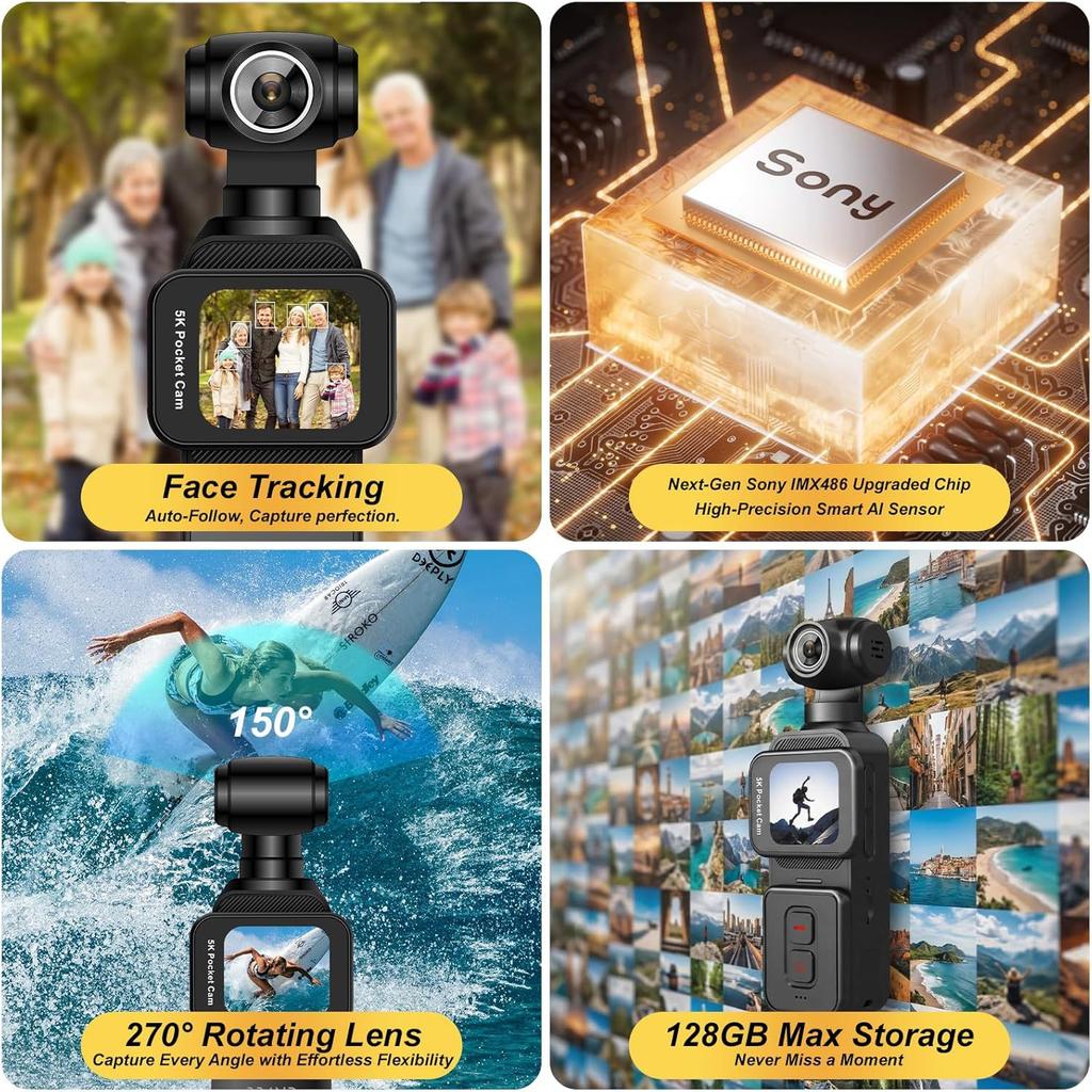 5K Pocket Action Camera with 6-Axis Gimbal Stabilizer, 270° Rotatable Motorized Lens, Face Tracking, WiFi APP Control, 1.69" Touch Screen