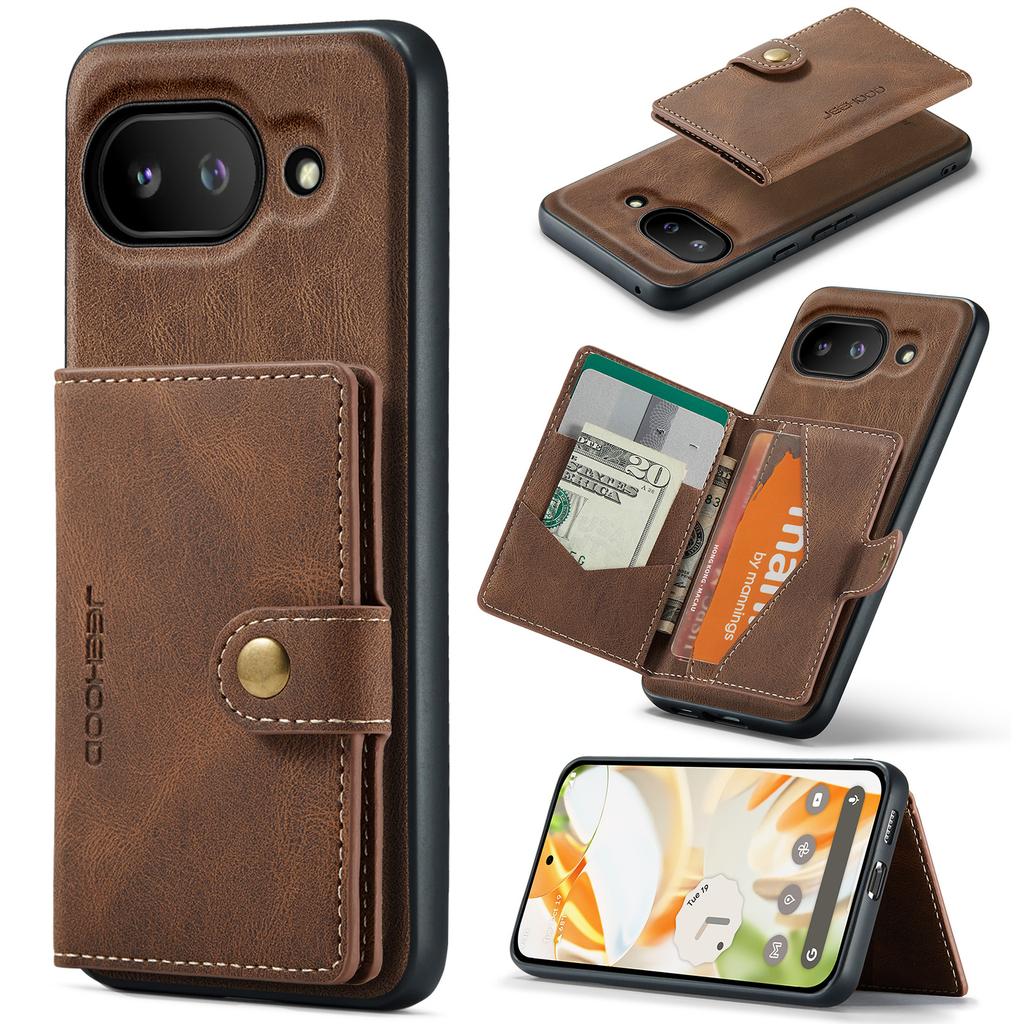 For Google Pixel 9a Case JEEHOOD J01 Retro Leather Phone Back Cover with Detachable Magnetic Card Holder