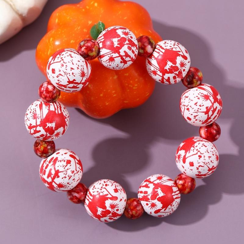 Skull Pumpkin Spiders Bead Bangle Simple Halloween Beaded Bracelet Wristband Adjustable Elastic Bangle Statement Jewelry
