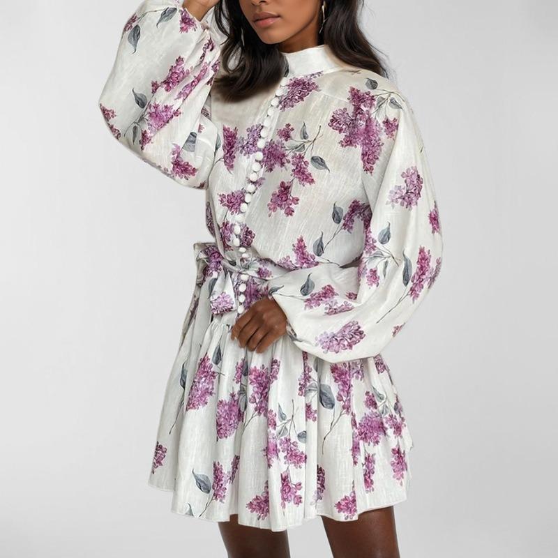 Women Elegant High Waist Tied Printed Long Sleeve A Line Short Dress