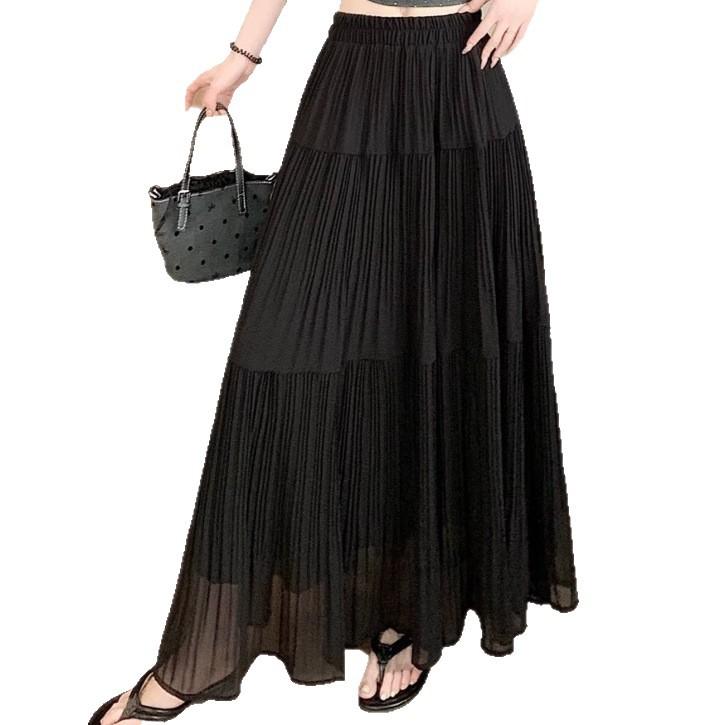Sweet Girl Wind Mesh Yarn Solid Color Lined Pleated Skirt Women's Summer Casual Pleated Skirt Long Skirt Wholesale