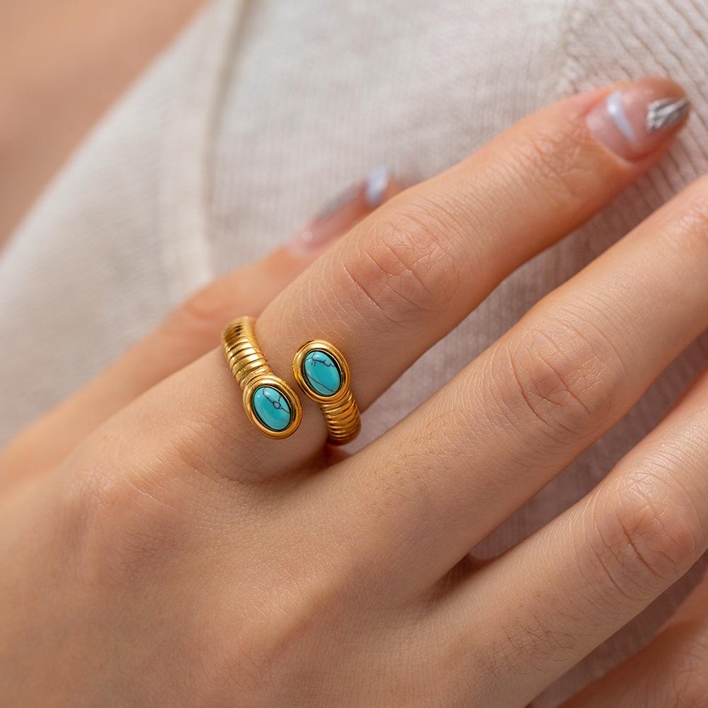Vintage Turquoise Adjustable Chunky Rings for Women Stainless Steel Natural Gemstones Open Ring Gold Color Jewelry Birthday Gift