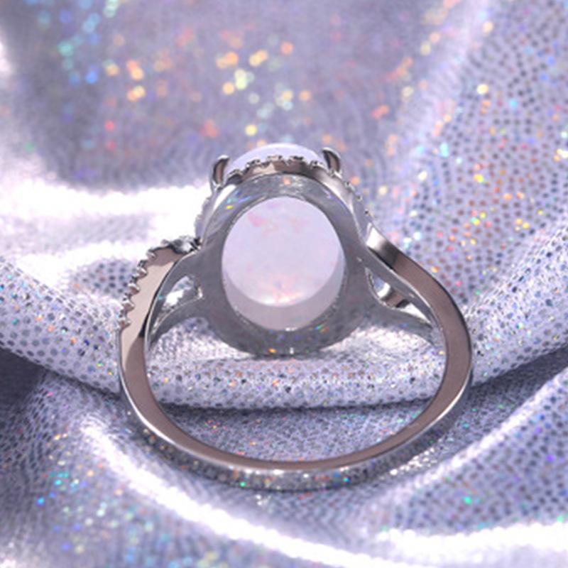 Milangirl Großer Ovaler Feueropal Ring Mode Zirkon Weißer Mondstein Leuchtende Farbe Ringe für Damen Hochzeits Verlobungsring