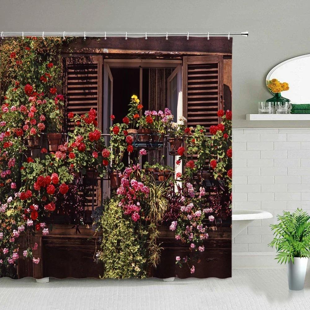 Purple Flowers Scenery Waterproof Shower Rural Street Landscape Floral Bathroom Curtains Washable Home Decor With XT6