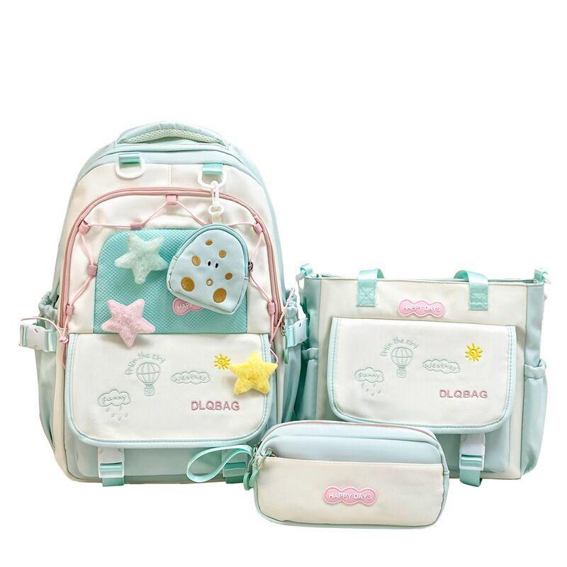 

Girls Backpack Three-Piece Set for Junior High School Students Large Capacity Ins Niche Style Cute Good-looking Primary School Student Backpack Green backpack with coin purse and XINGX badge