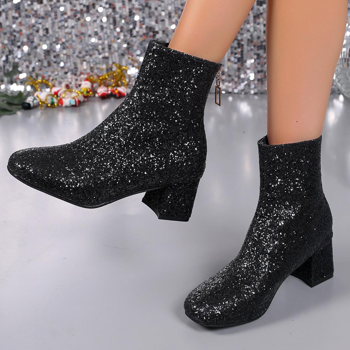 New short boots large size round head sequins thick heel high heel women s boots gold and silver sequins cute low women s boots 35 3990₽
