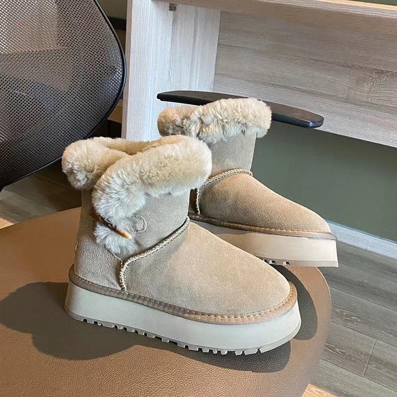 

Wool~ 2025 women s winter fur integrated horn buckle short boots cotton shoes non-slip warm thick-soled snow boots 40