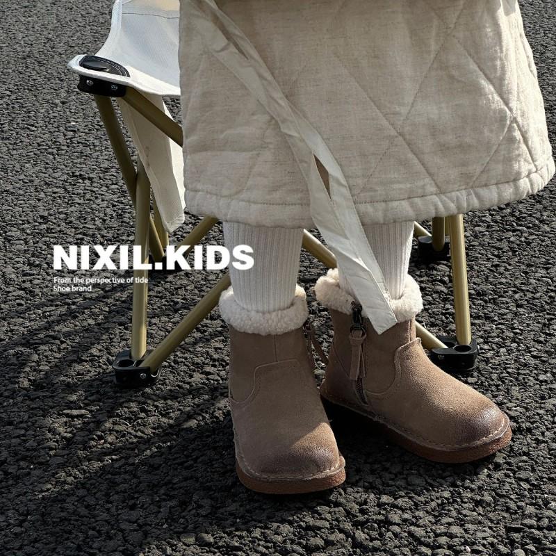 Kids Winter Snow Boots Boys Girls Genuine Leather Ankle With Faux Shearling Lining Warm Cotton Sole