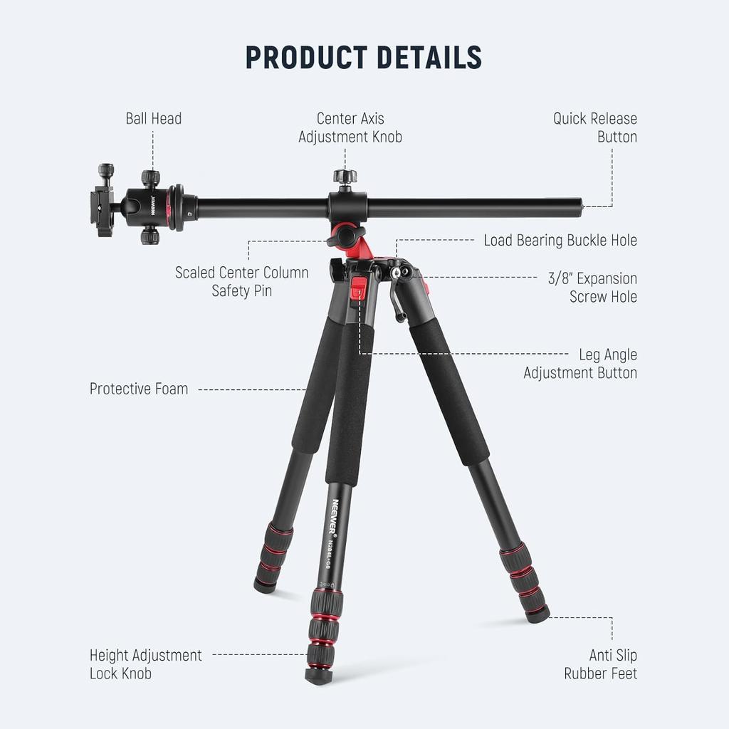 NEEWER Camera Tripod Aluminum Center Type QR Horizontal Overhead Camera Overhead Suitable for DSLR Load Capacity 15kg Monopod, 200cm, Alloy,