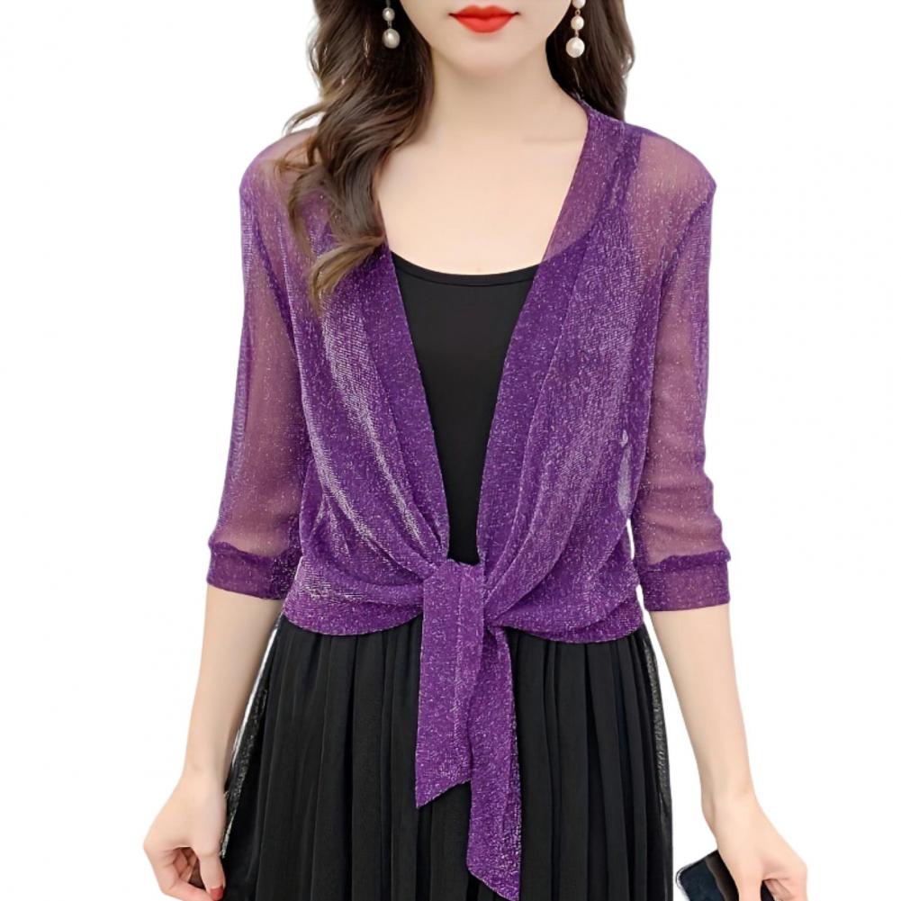 Women Shawl Coat V-neck 3/4 Sleeve Lace-up Thin Coat Solid Color Strappy Design Regular Fit Top Cocktail Party Wear