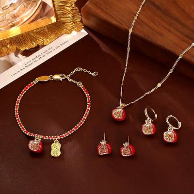 Festive Red Pomegranate Zircon Pendant Necklace & Enamel Bracelet with High-End Earrings Set