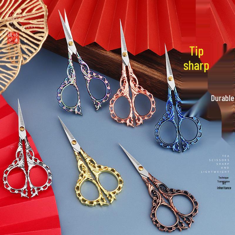 Peach Blossom Retro Pointed Tip Stainless Steel Scissors for Embroidery, Yarn, Paper - Ideal for Home, Office, and Crafts.