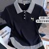 Plaid Splicing Polo Neck Short-sleeved T-shirt Women's Medium and Large 2026 Summer New Slim and Thin Meat Cover Top Ins