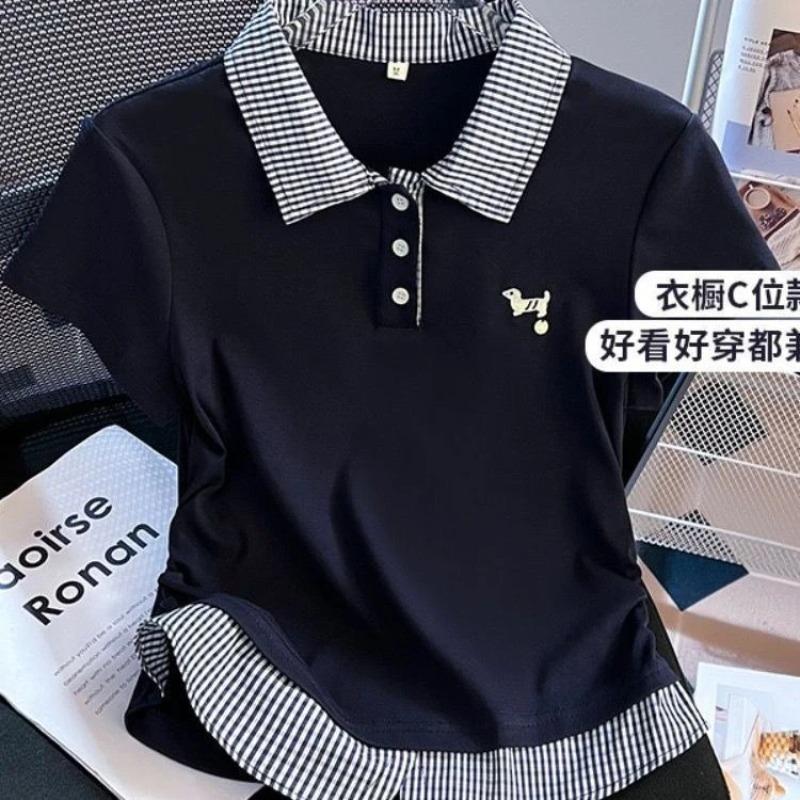 Plaid Splicing Polo Neck Short-sleeved T-shirt Women's Medium and Large 2026 Summer New Slim and Thin Meat Cover Top Ins
