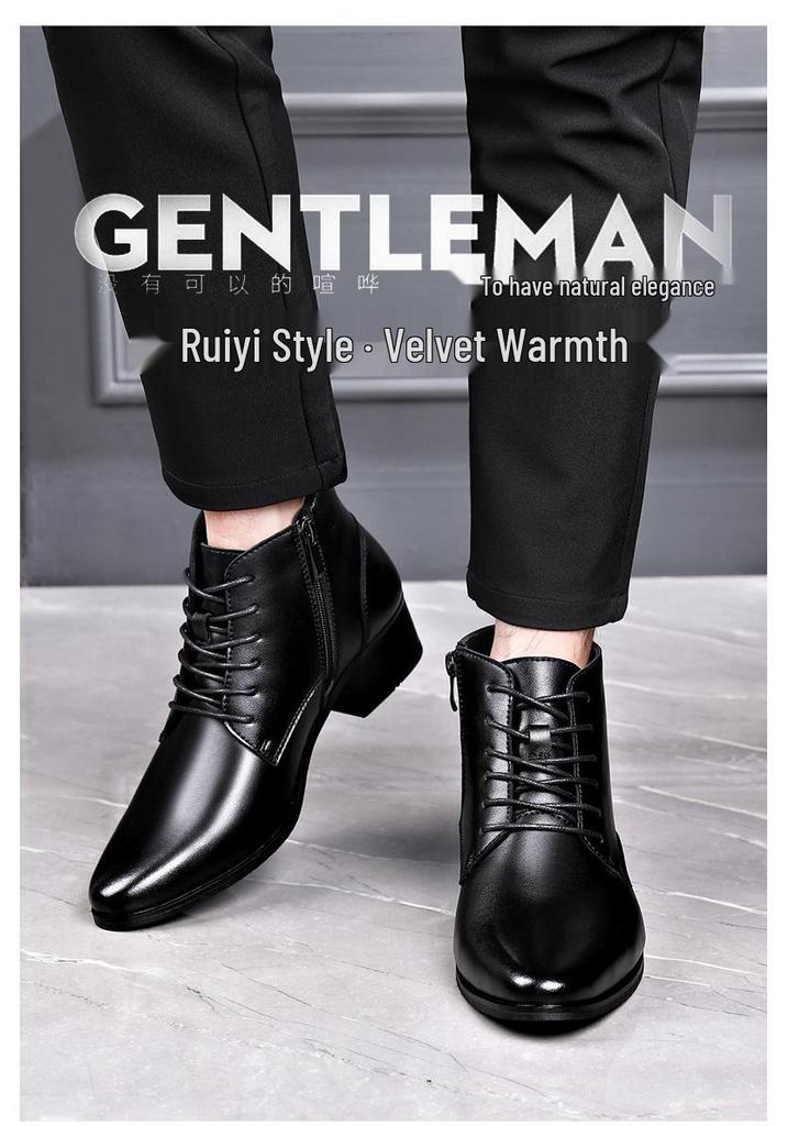 Men's Winter Pointed Toe Leather Chelsea Boots with Velvet, Lace-up Roman Style, High Heel Martin Design