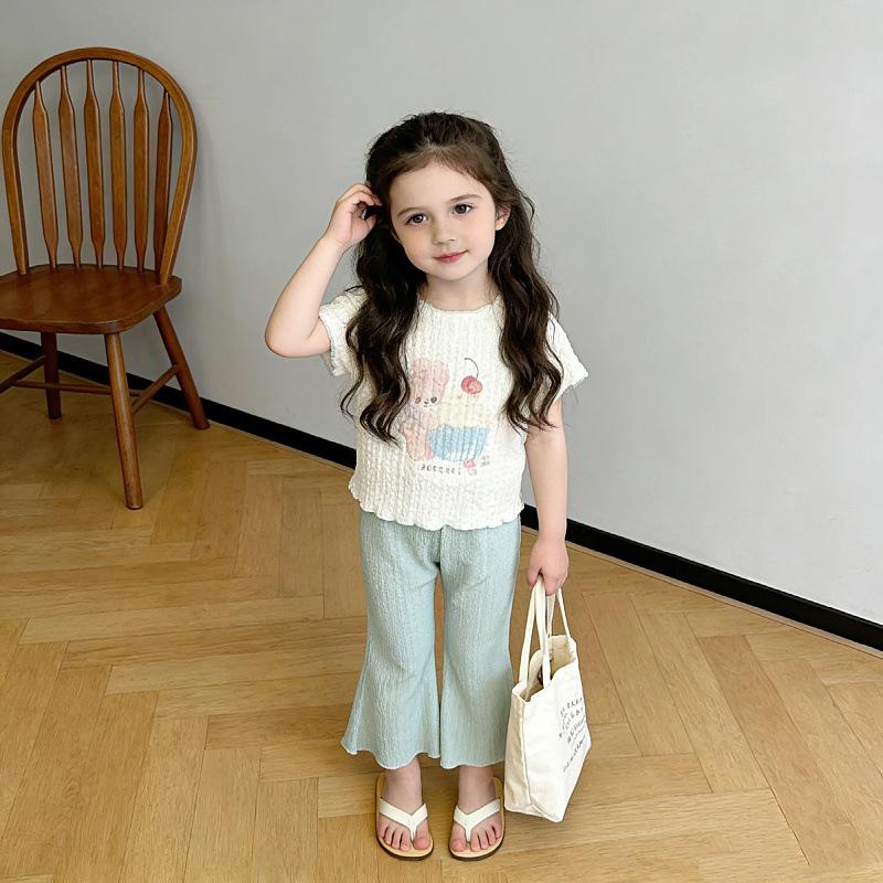 2025 Summer Girls' Bunny & Cat Print Bell Bottom Two-Piece Set