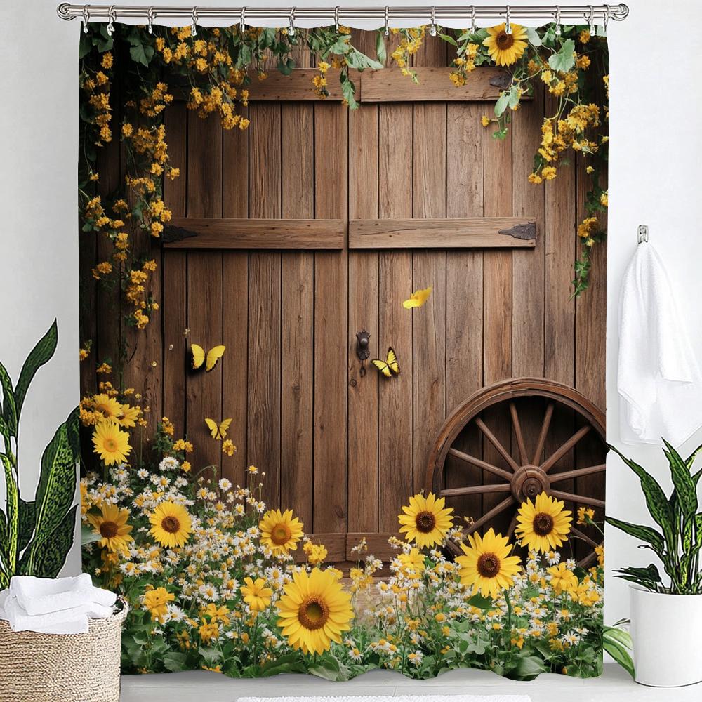 1pc Country Farm Barn, Flower Sunflower Print Waterproof Shower Partition Privacy Hanging Curtain with Hooks Machine Washable