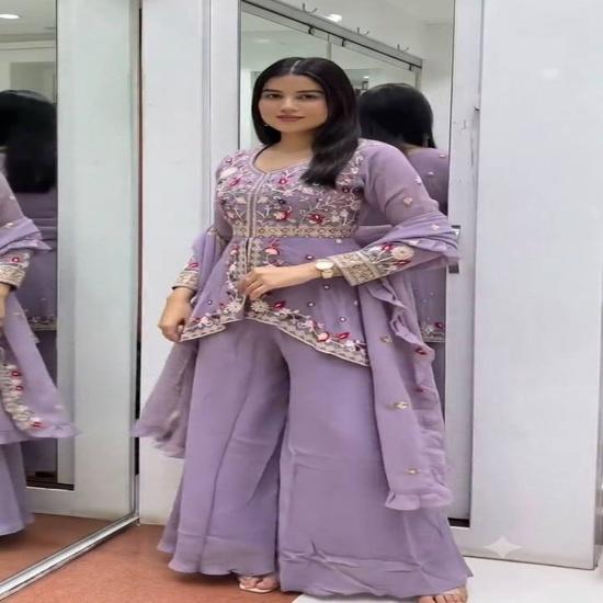 Vibrant Flora Embroidered Peplum & Sharara Suit Set