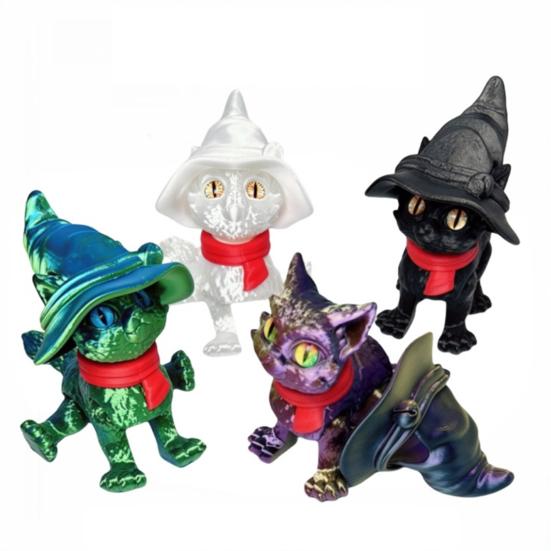 3D Printed Articulated Cat Wizard Hat Cat Ornament Wearing Red Scarf Big Eyes Cat Fidget Toy with Flexible Joints for Stress Relief Desktop Decoration
