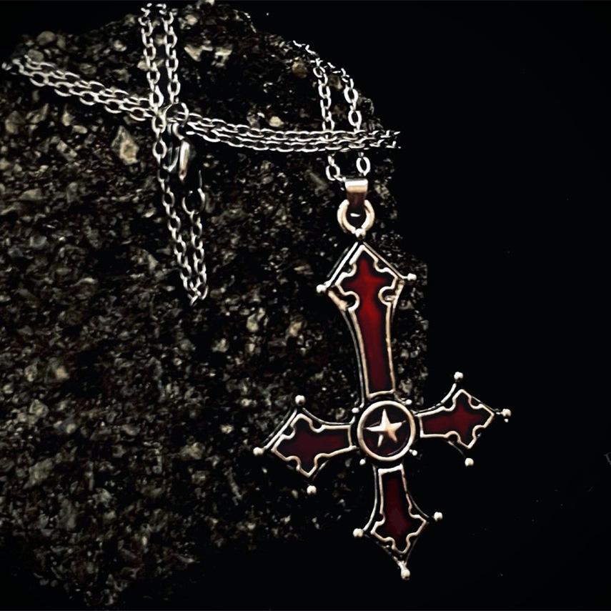 Crimson Gothic Cross Pendant Necklace Jewelry European and American Punk Style Weird Style