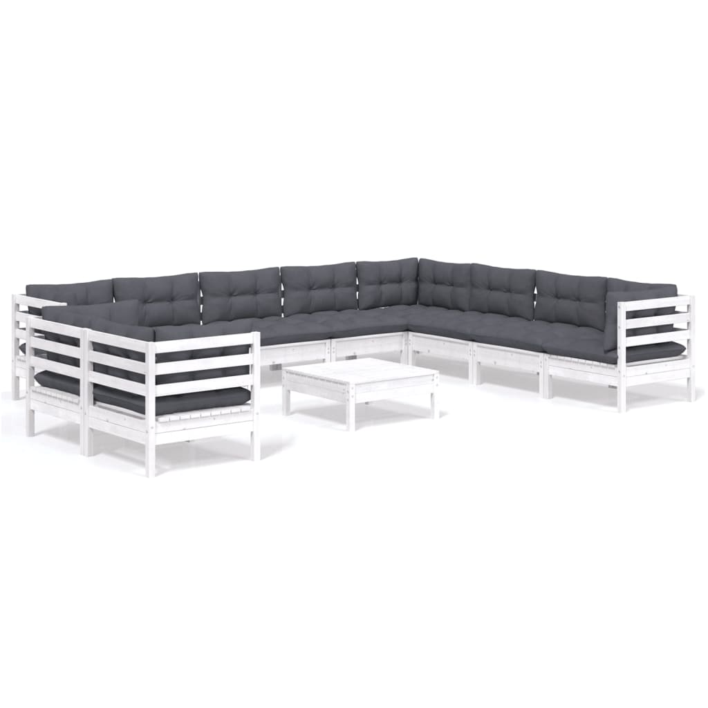 11 Piece Garden Lounge Set with Cushions White Solid Pine Wood