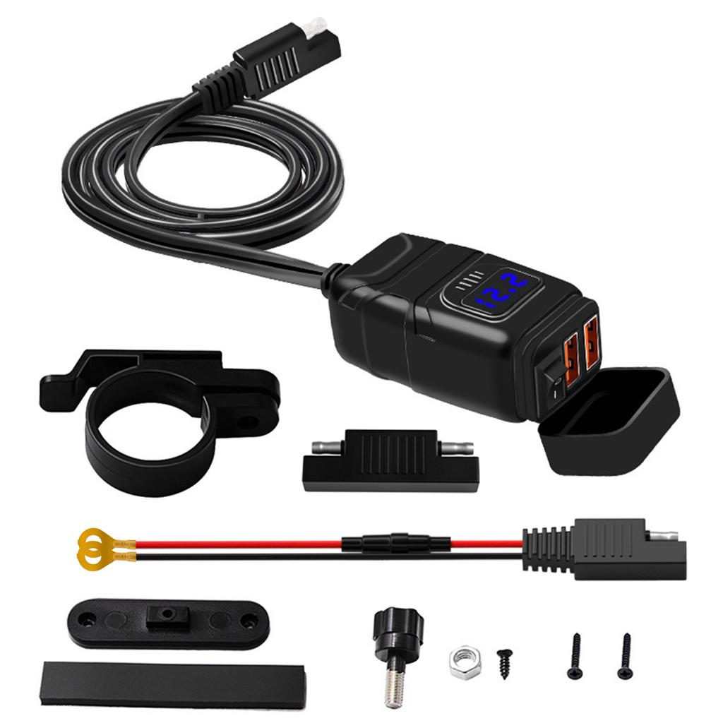 Motorcykel USB Telefonladdare, Vattentät Dubbelport QC3.0 USB Snabbladdare med 12V Voltmeter och På/Av Strömbrytare & 10A Säkring, SAE Till USB Adapter