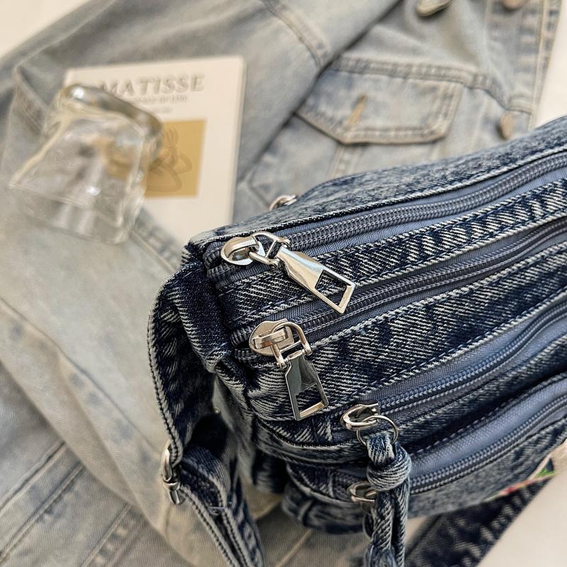 Multi-layer Denim Bag Vintage Shoulder Bag Women's Embroidered Crossbody Bag
