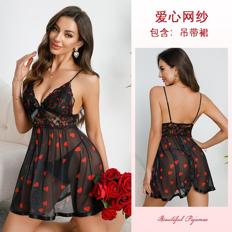 Hot Sale Black Lace Pajamas Love Printing Deep V Mesh Suspender Pajamas Sexy Loungewear 877 S