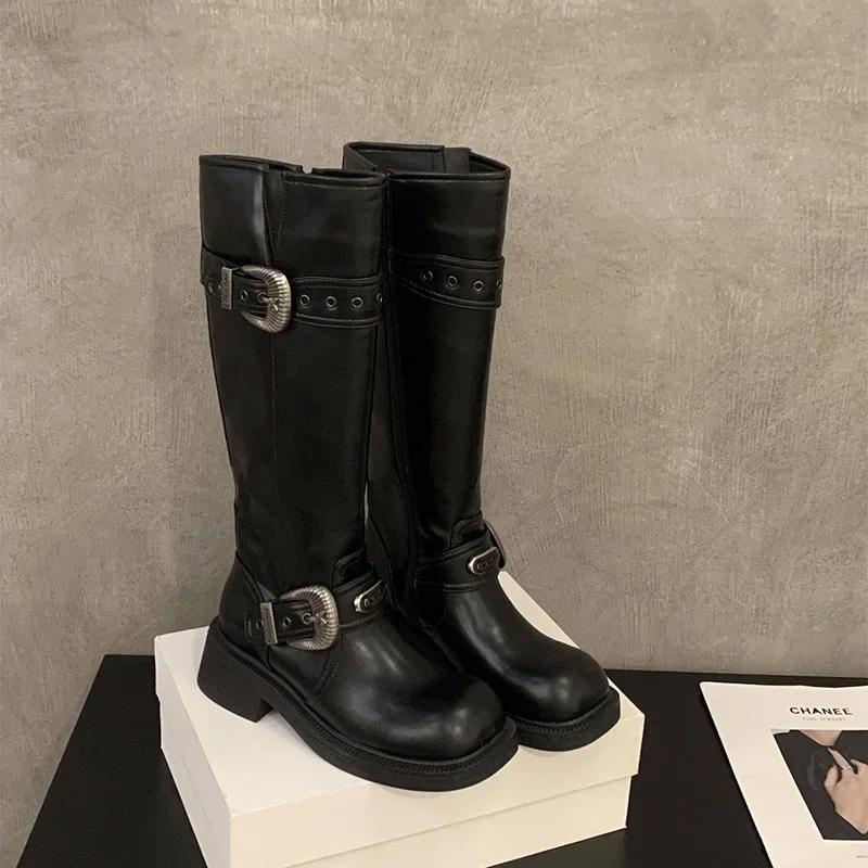 Vintage Women Knight Long Boots Fashion Elegant Belt Buckle Shoes Square Heel Women's Western Cowgirl Booties