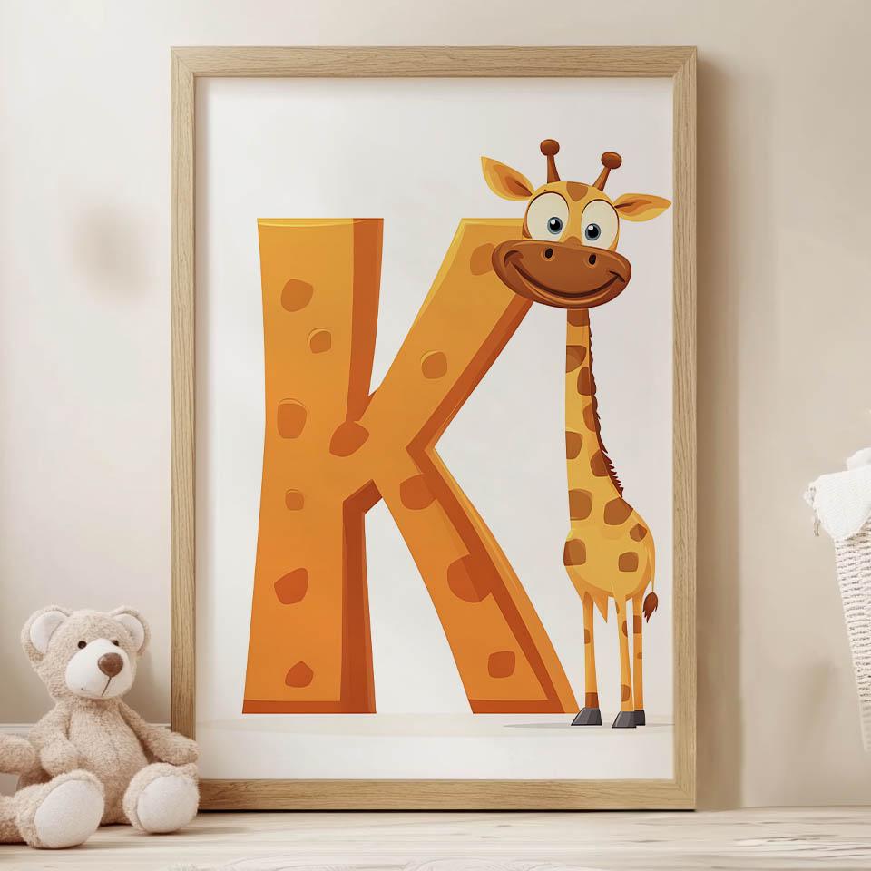 Giraff med bokstaven K - Glad affisch för barn Giraff med bokstaven K - Glad affisch för barn, 30X40 cm, Ram Trä Ljus Ek, Matt papper 230 g