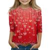 Christmas Day Print Tops For Youth Girls 4-11 Years Round Neck 3/4 Sleeves T-Shirts Trendy Tops Outfit Tees