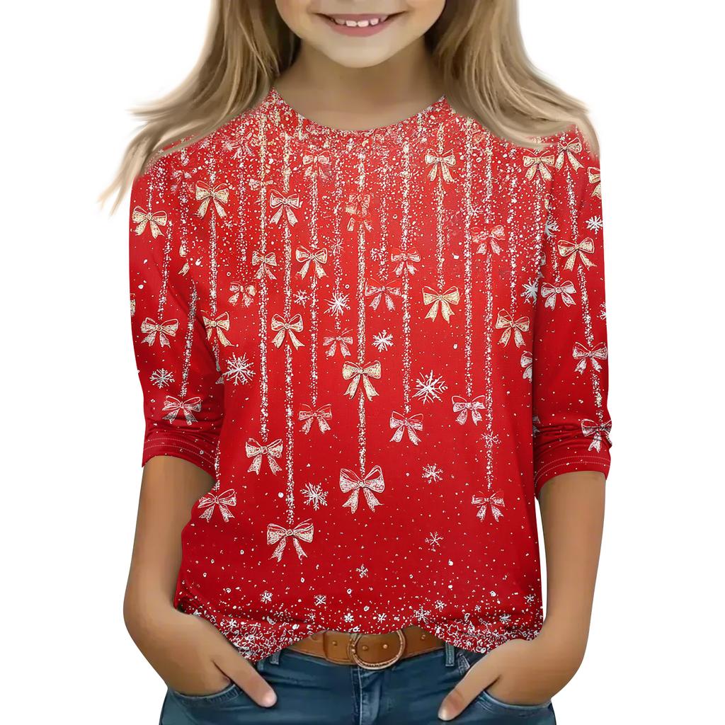 Christmas Day Print Tops For Youth Girls 4-11 Years Round Neck 3/4 Sleeves T-Shirts Trendy Tops Outfit Tees