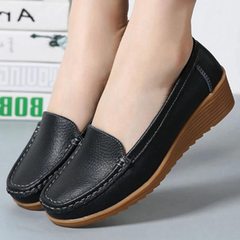 Black Women Shoes Soft Leather Shoes With Heels Loafers Flat Shoes Women's Moccasins Casual Zapatos Mujer Flats Female Footwear