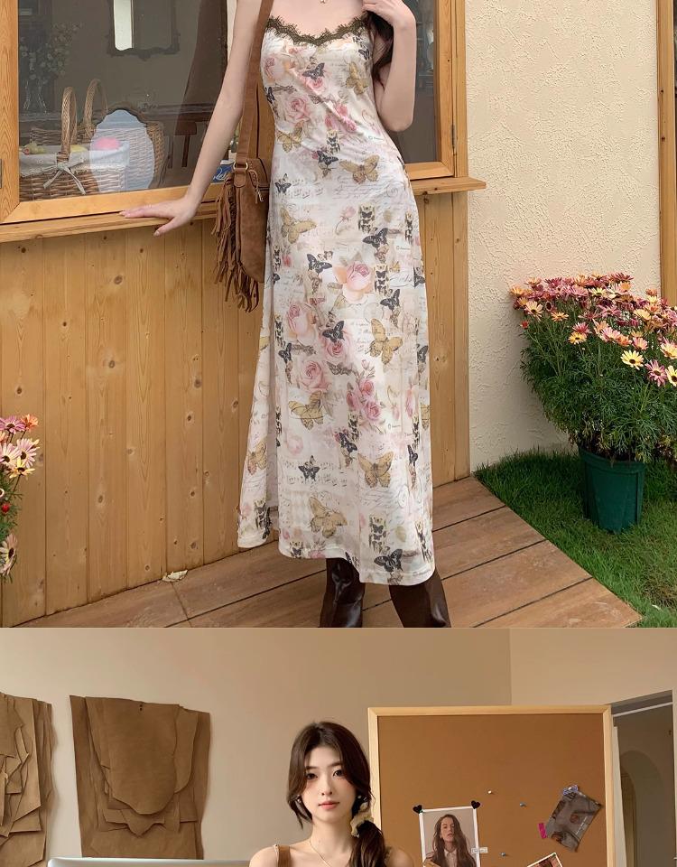 Butterfly Floral French Camisole Dress: V-Neck, Slim Fit, Cinched Waist, Bodycon Long Dress - Perfect for Summer Vacation.