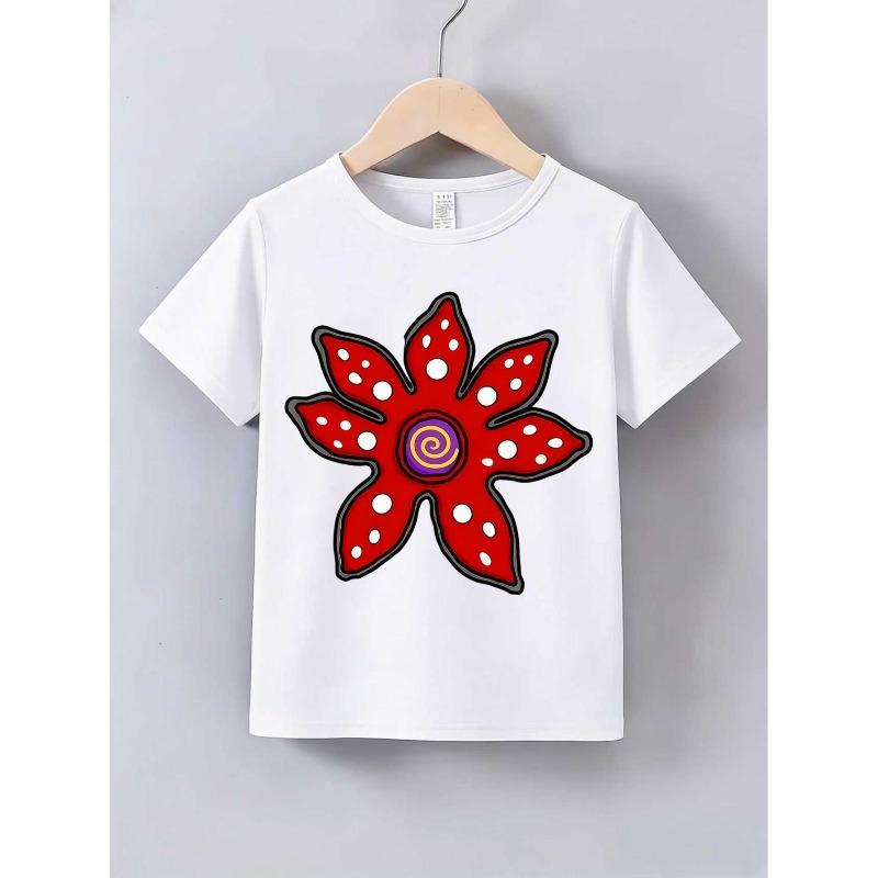 

European sizes Boys Summer Short Sleeve T-Shirt Basic Style Chest Red Fun Large Flower Print Black Outline White Playful Casual Top 98cm белый