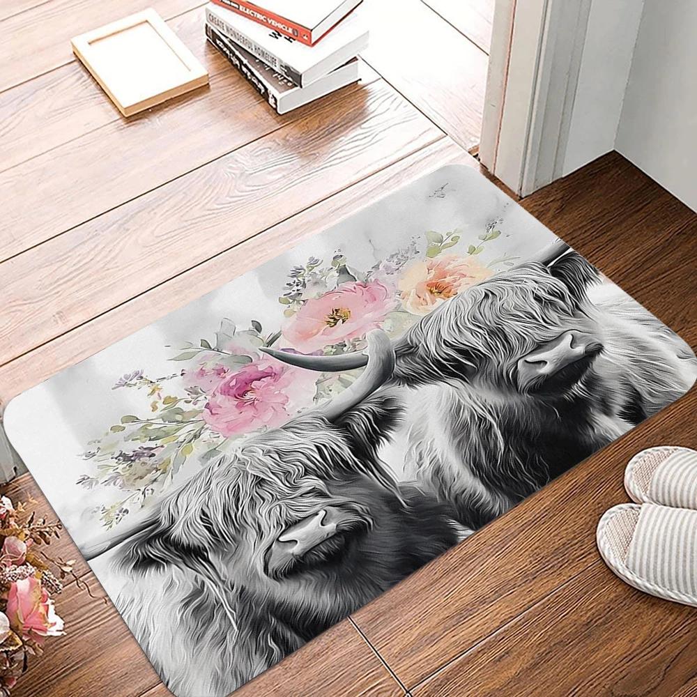 Floral Highland Cow Doormat Anti-slip Carpet for Kitchen Living Room Machine Floor Mat Washable Rug