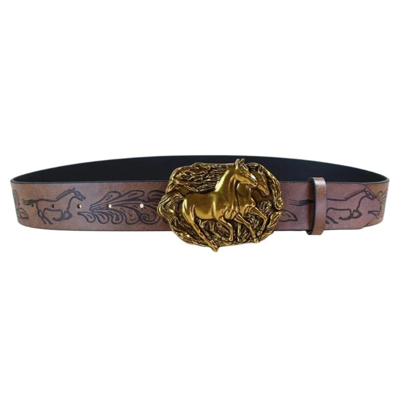 Waist Belt Punk Chain for Cowboy Cowgirl Carved Horse Buckle Retro Floral Buckle Waist Chain Belt